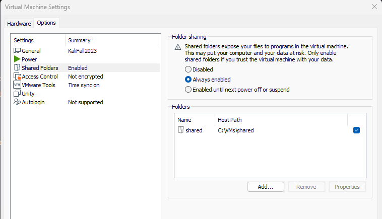 image that shows vmware shared folder settings